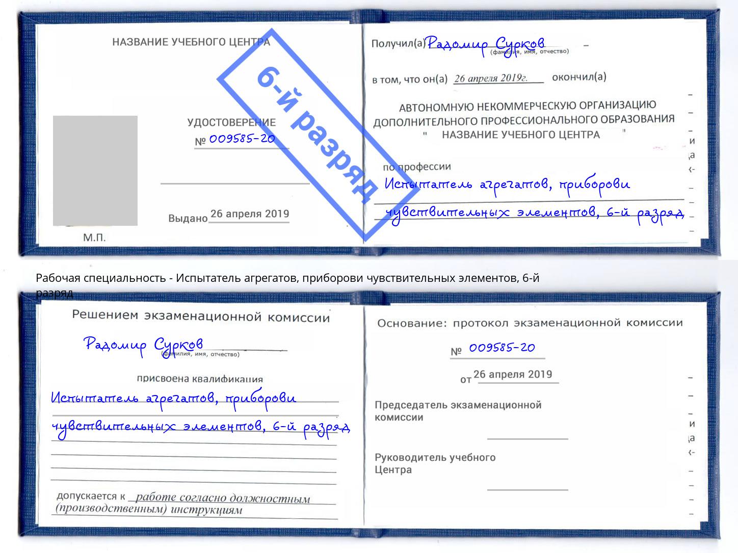 корочка 6-й разряд Испытатель агрегатов, приборови чувствительных элементов Арсеньев