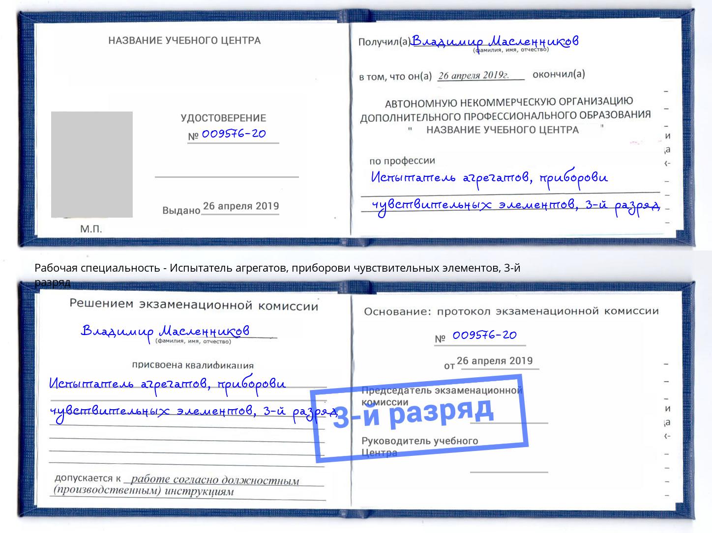 корочка 3-й разряд Испытатель агрегатов, приборови чувствительных элементов Арсеньев