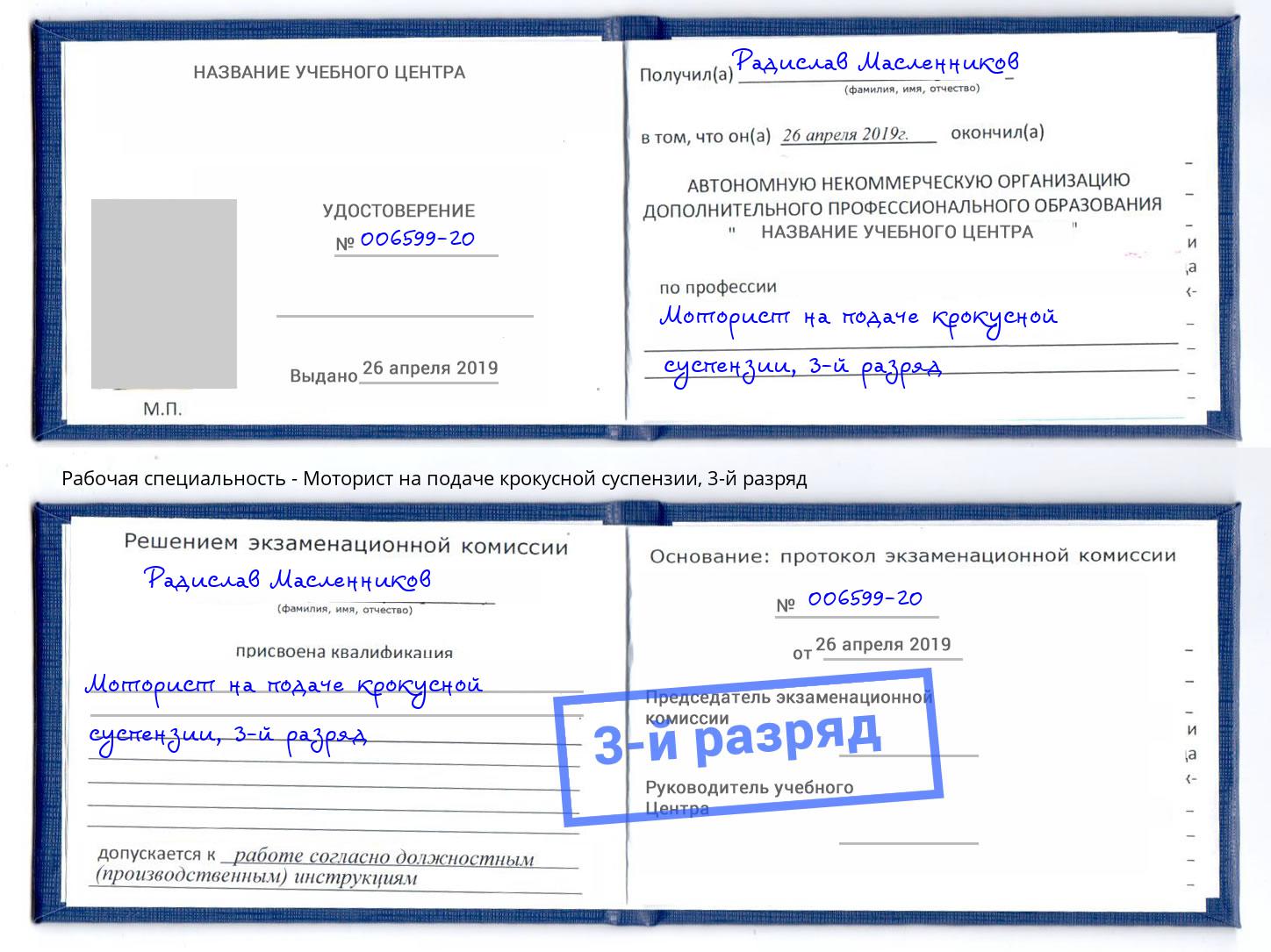 корочка 3-й разряд Моторист на подаче крокусной суспензии Арсеньев