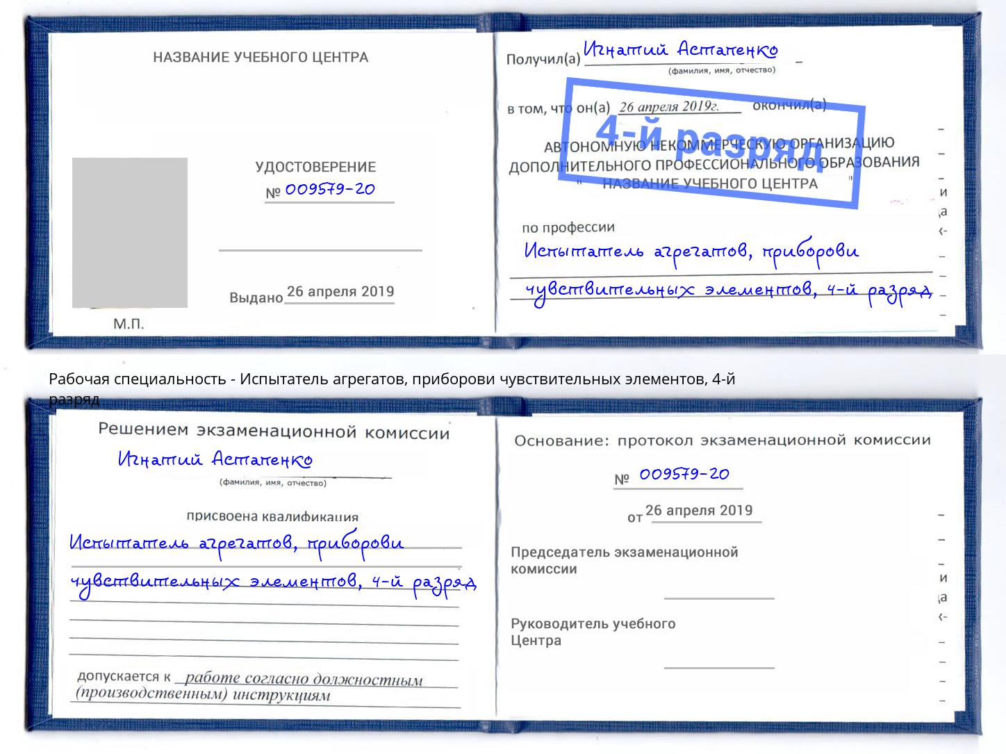 корочка 4-й разряд Испытатель агрегатов, приборови чувствительных элементов Арсеньев