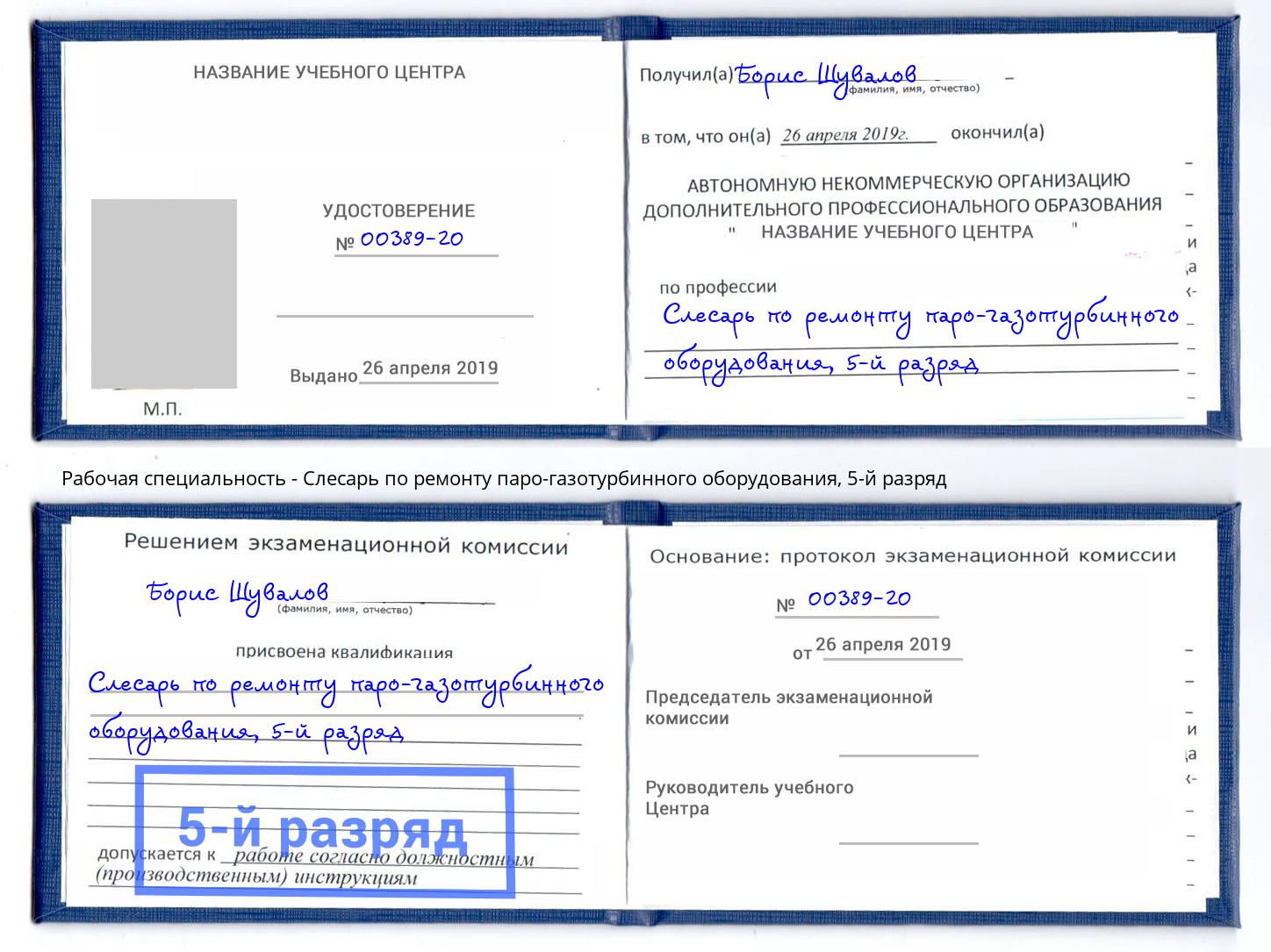 корочка 5-й разряд Слесарь по ремонту паро-газотурбинного оборудования Арсеньев