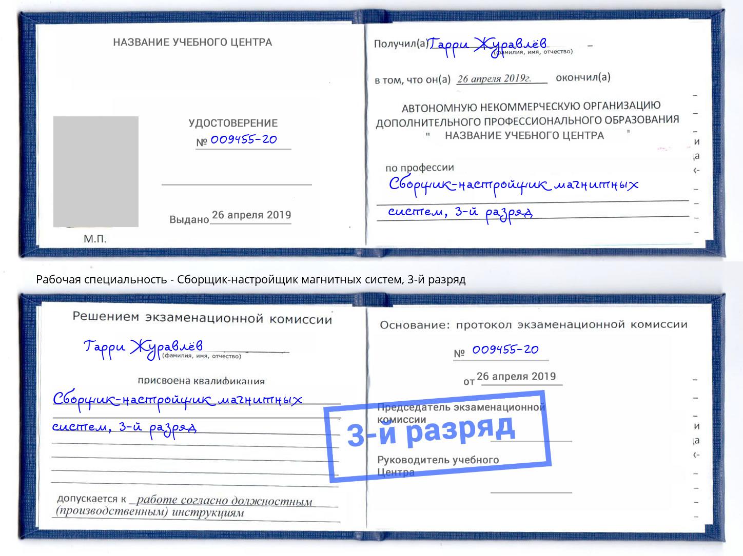 корочка 3-й разряд Сборщик-настройщик магнитных систем Арсеньев