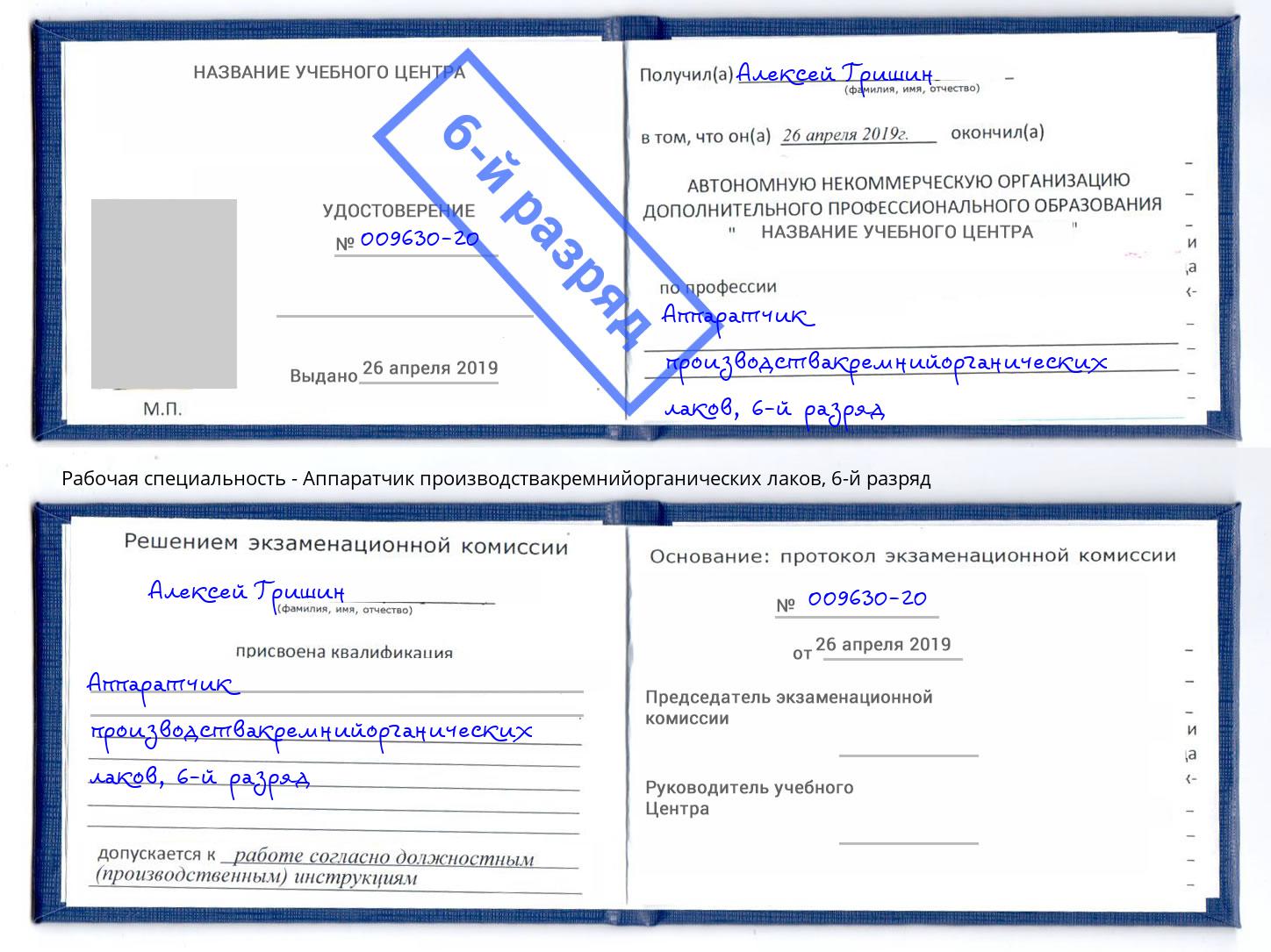 корочка 6-й разряд Аппаратчик производствакремнийорганических лаков Арсеньев