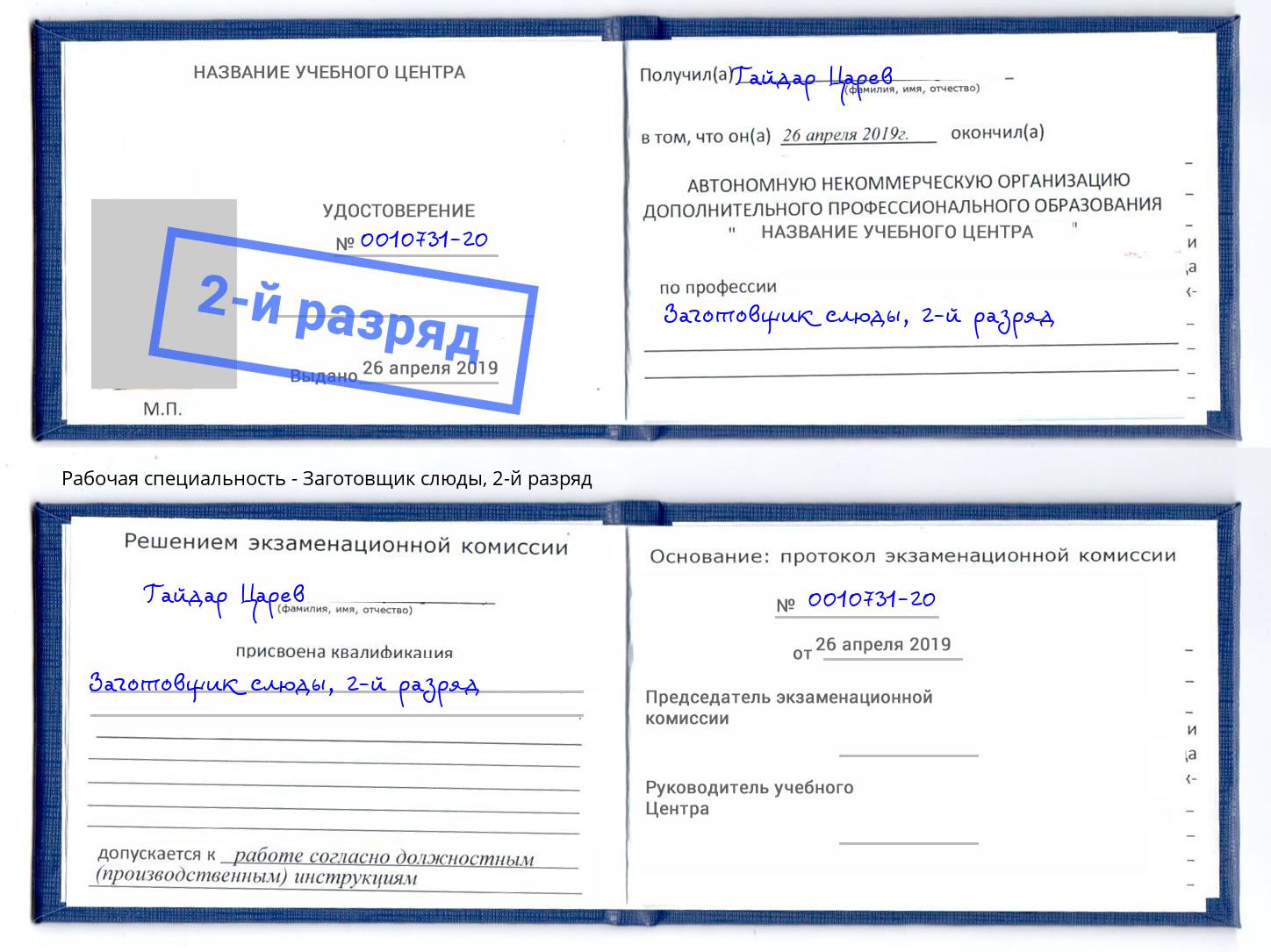 корочка 2-й разряд Заготовщик слюды Арсеньев