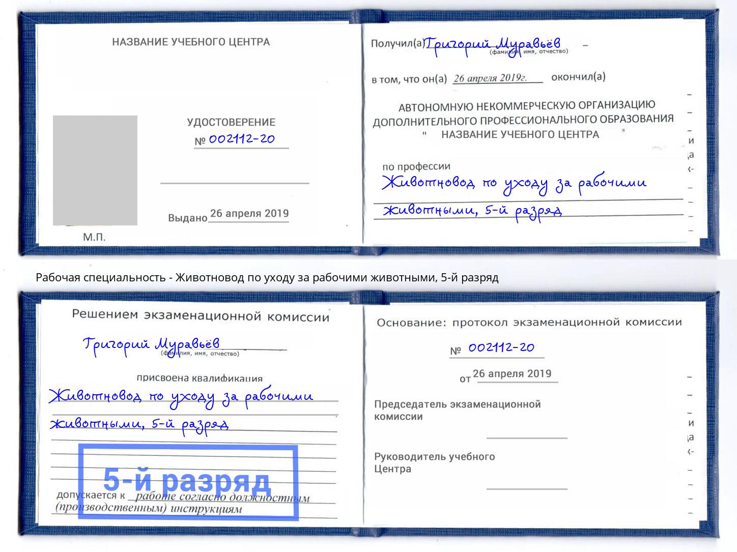 корочка 5-й разряд Животновод по уходу за рабочими животными Арсеньев