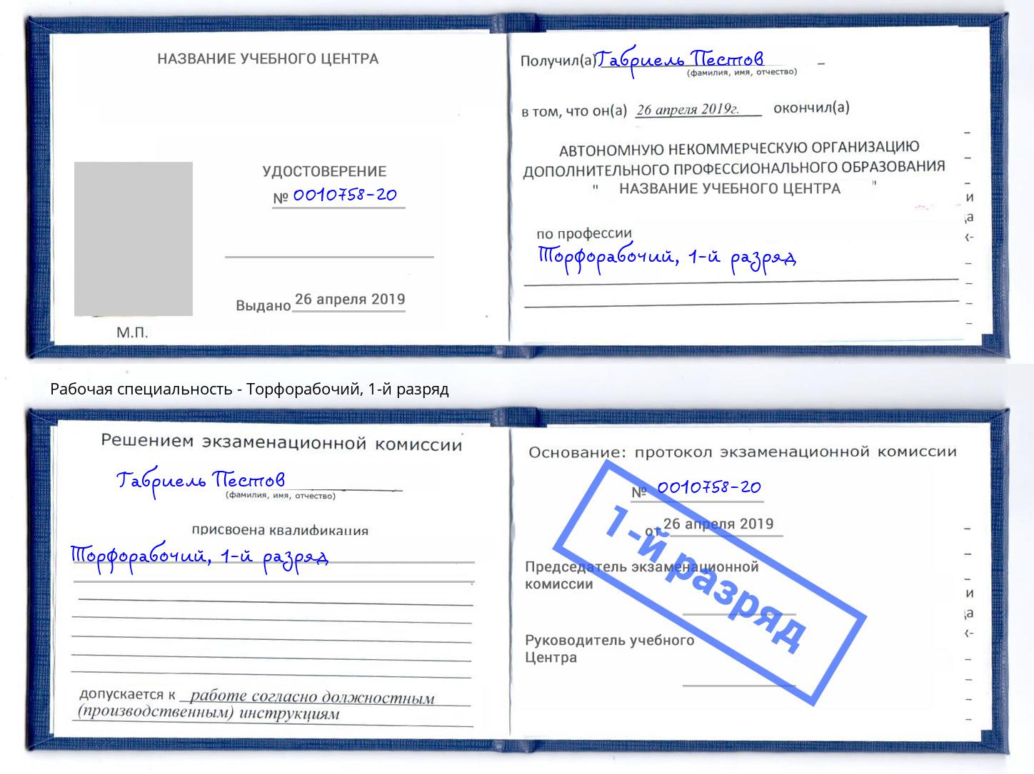 корочка 1-й разряд Торфорабочий Арсеньев