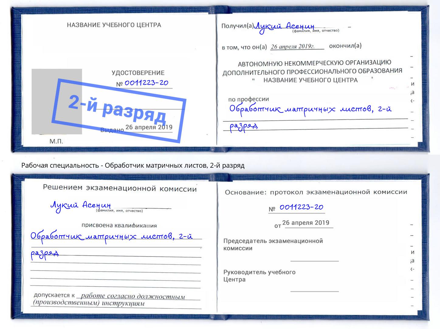 корочка 2-й разряд Обработчик матричных листов Арсеньев