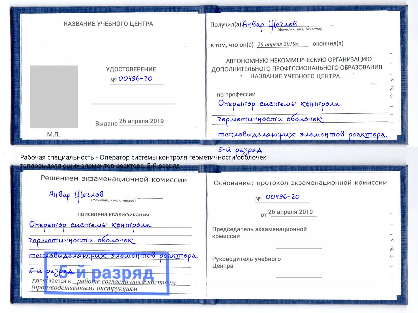 корочка 5-й разряд Оператор системы контроля герметичности оболочек тепловыделяющих элементов реактора Арсеньев