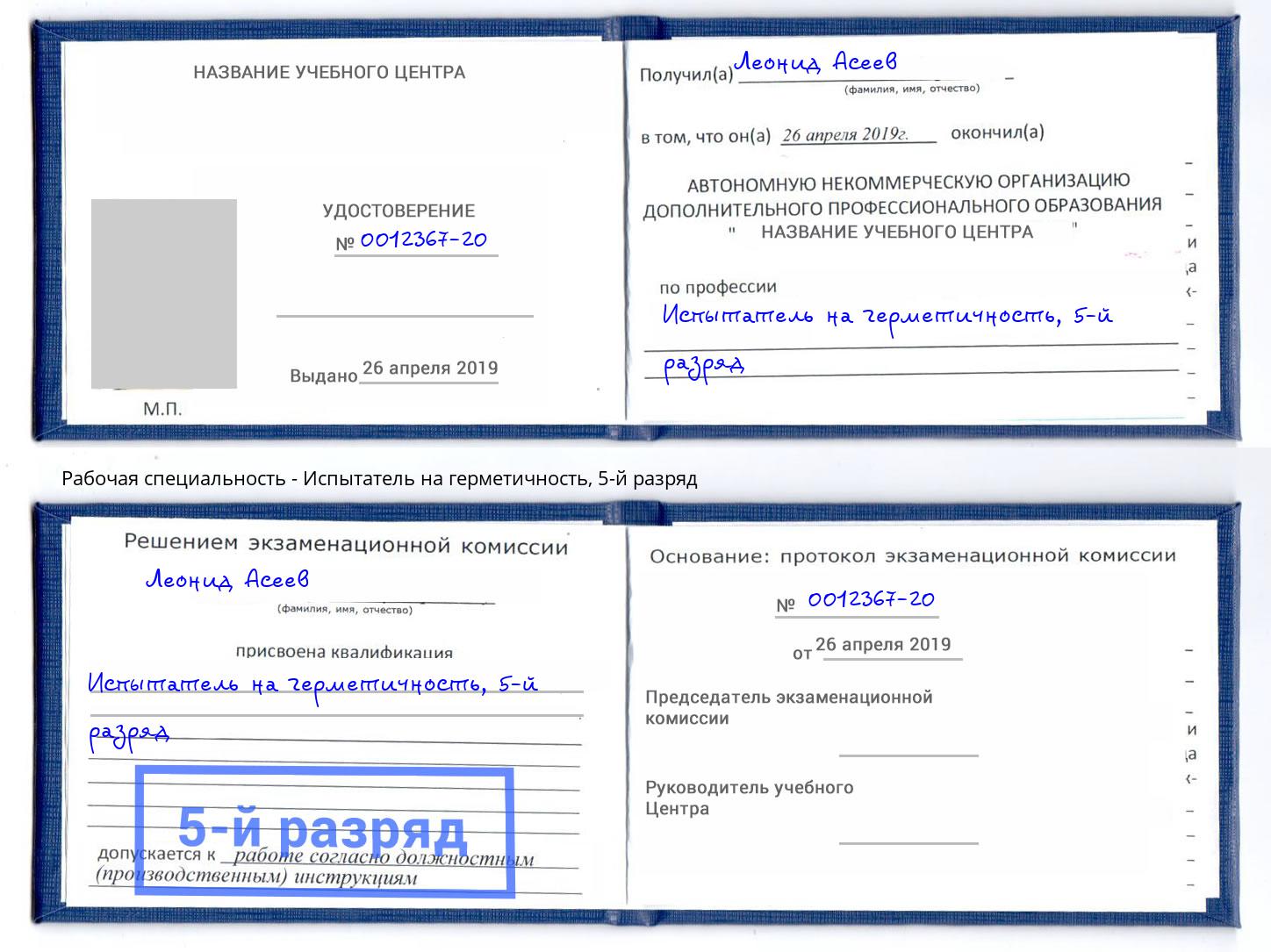 корочка 5-й разряд Испытатель на герметичность Арсеньев