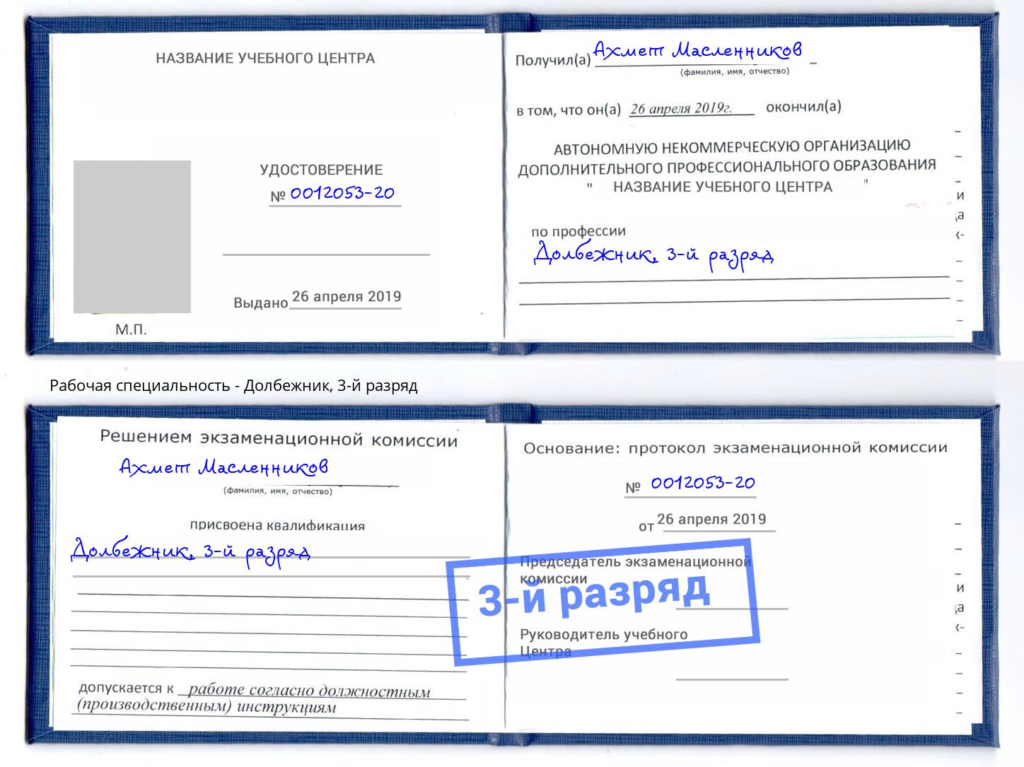 корочка 3-й разряд Долбежник Арсеньев