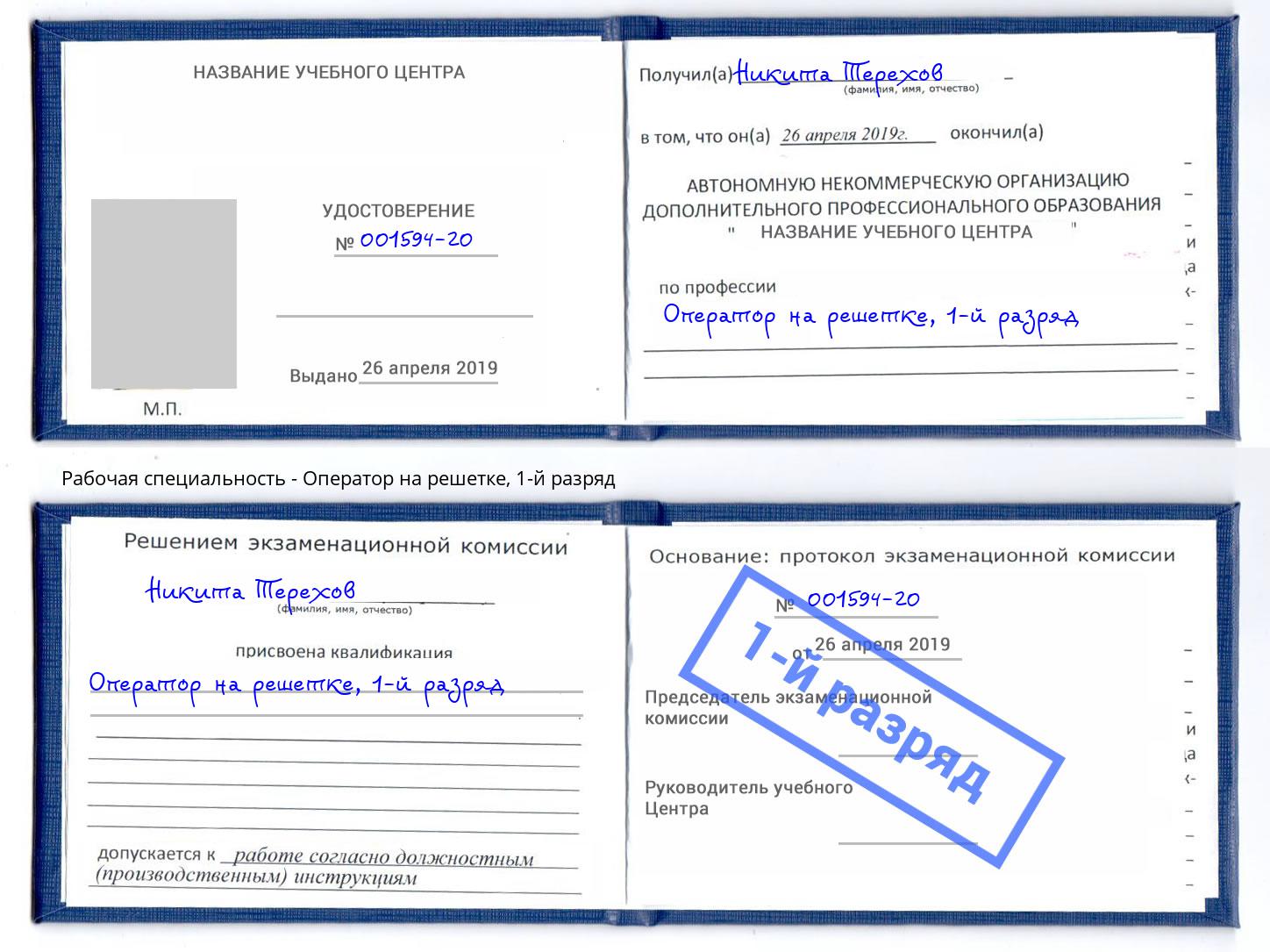 корочка 1-й разряд Оператор на решетке Арсеньев