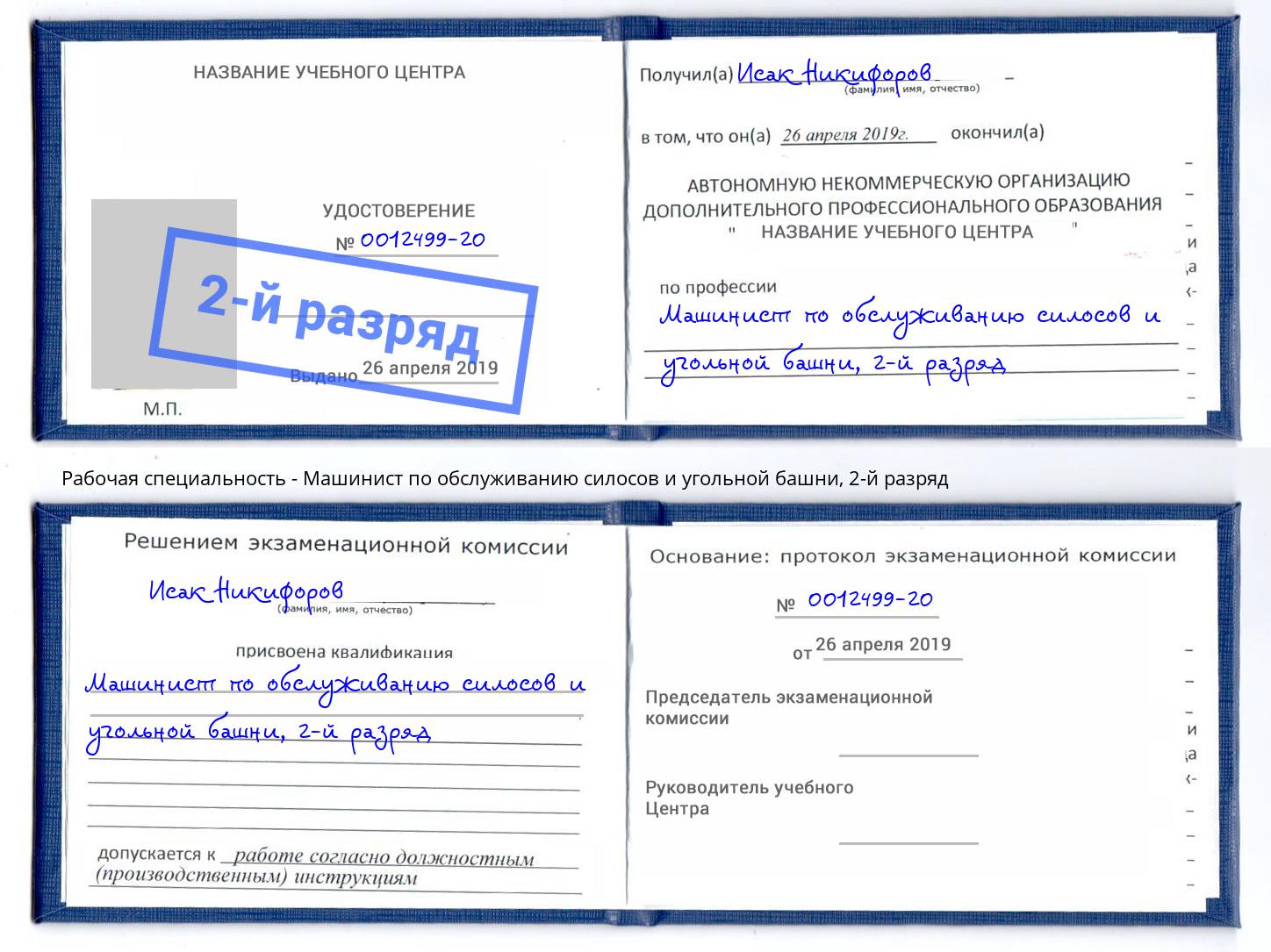 корочка 2-й разряд Машинист по обслуживанию силосов и угольной башни Арсеньев