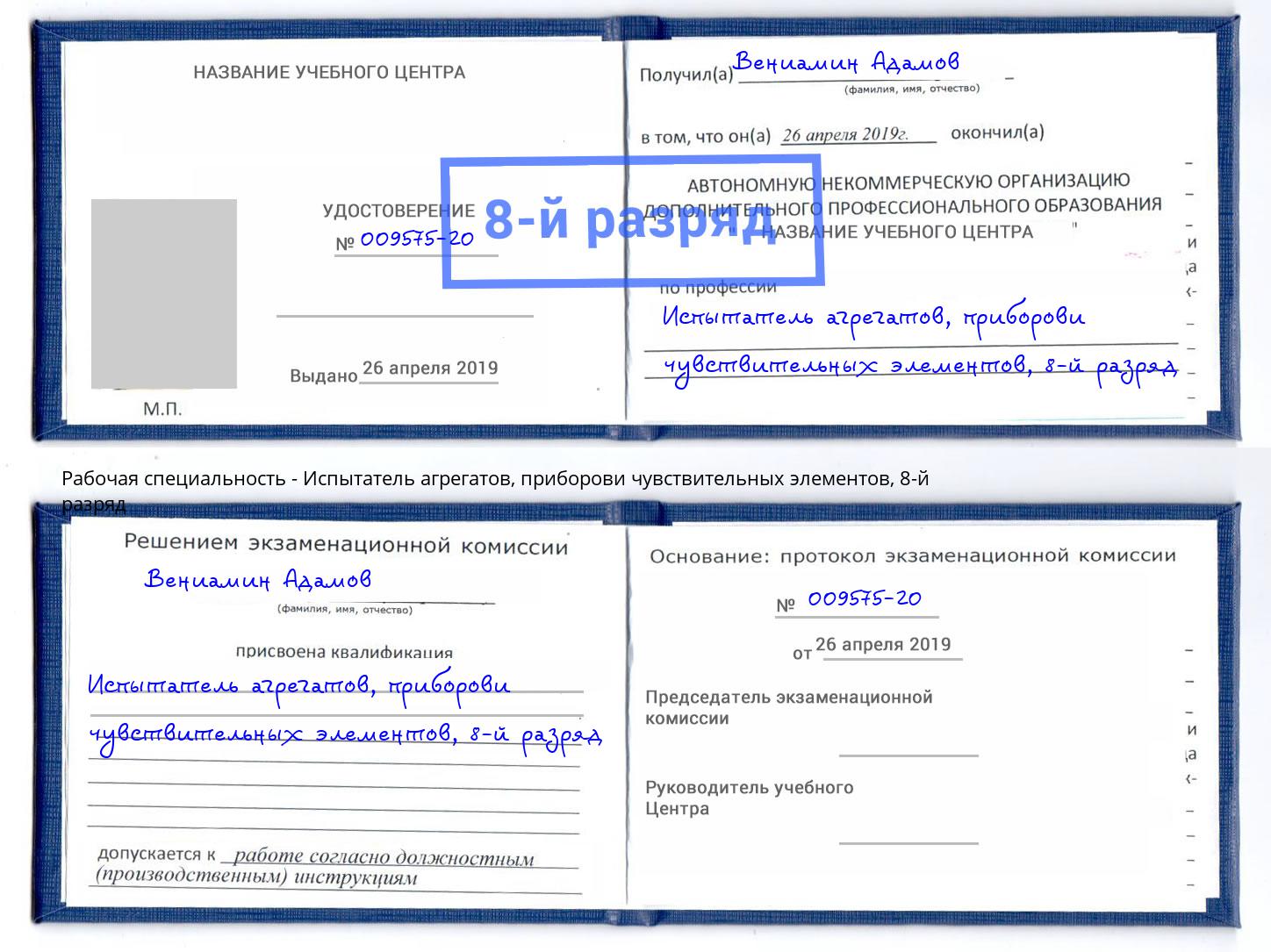 корочка 8-й разряд Испытатель агрегатов, приборови чувствительных элементов Арсеньев